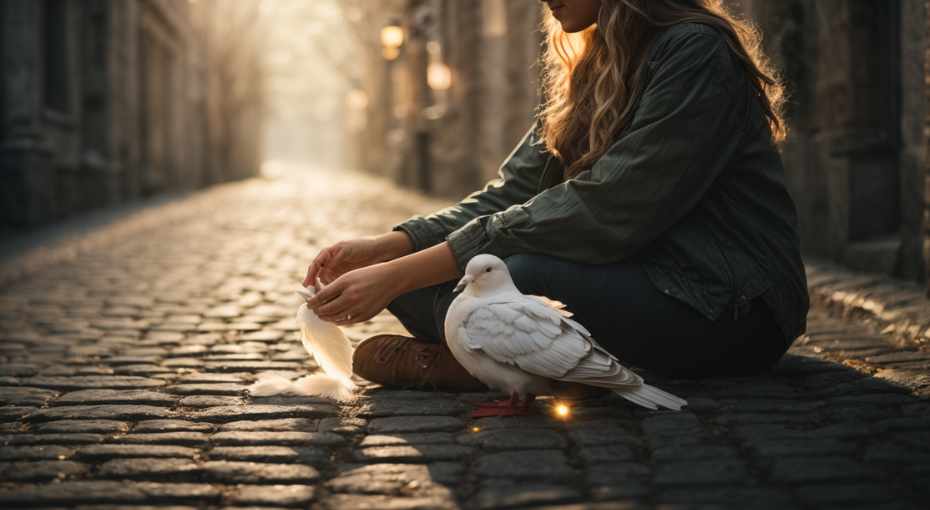 Interpreting Dove Feathers as Omens: A person sits cross-legged on a misty cobblestone path, holding a luminous white dove feather. Surrounding them are faint vignettes: an embrace, an uphill climb, and a forked road. Above, a sunbeam highlights a clear route through a ground etched labyrinth
