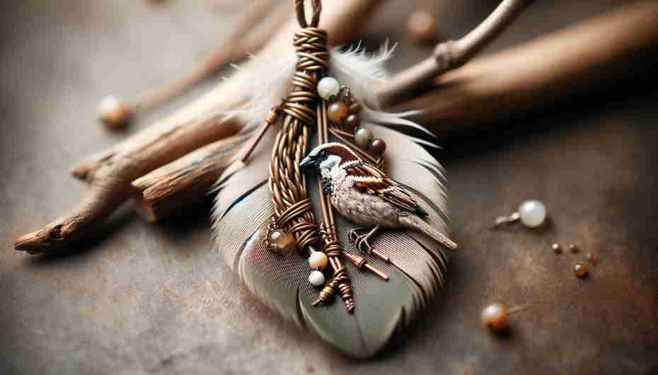 Sparrow feather pendant in handmade jewelry with a sparrow in the background.