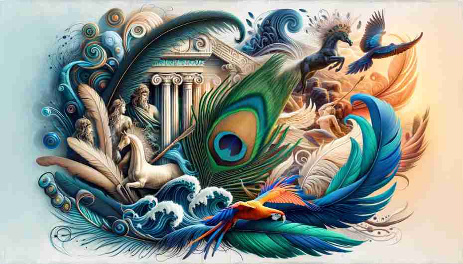 Artistic fusion of vibrant parrot feathers and mythological motifs, showcasing a blend of Hindu and Greek mythological elements with the bright, intricate patterns of the feathers, creating a mesmerizing and symbolic visual representation.