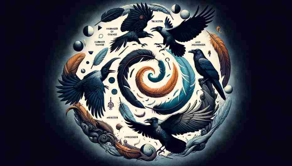 An image depicting the raven archetype in various symbolic forms, such as a harbinger of change, trickster, and messenger.