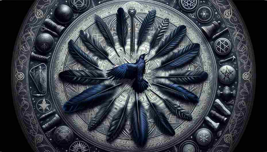 An image that combines elements of Wicca, ceremonial magic, and shamanic practices, centered around the theme of raven feathers.