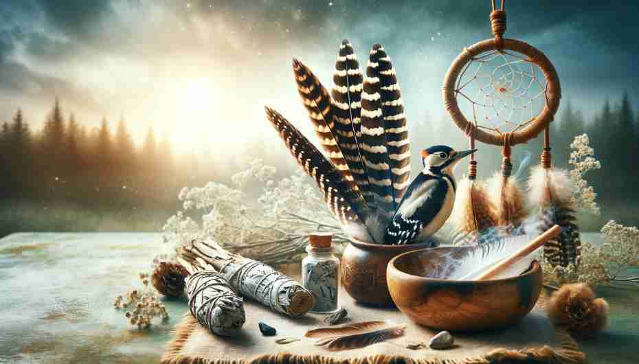 A serene spiritual setting showcasing the significance of woodpecker feathers.