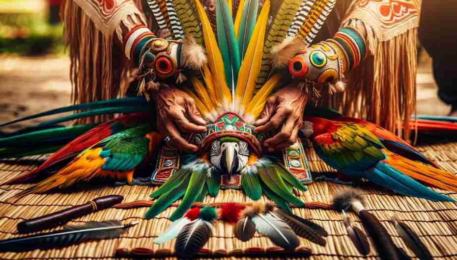 Traditional ceremony featuring parrot feathers