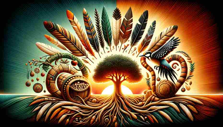 Woodpecker feathers interwoven with Native American symbols of growth and prosperity.