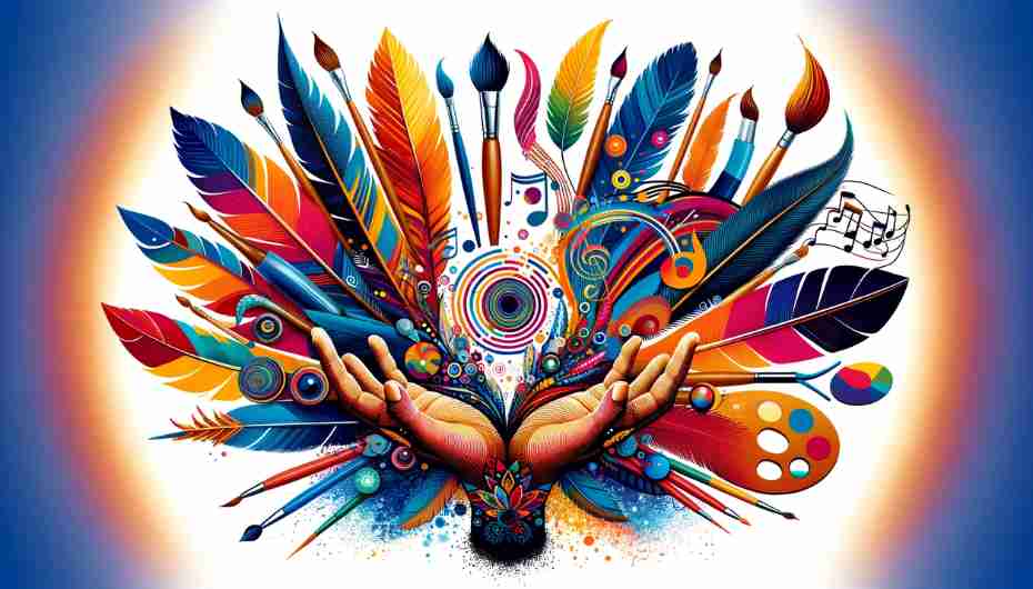 A modern and vibrant depiction of the contemporary symbolism of turkey feathers, featuring elements like yoga, healing hands, paintbrushes, and musical notes.