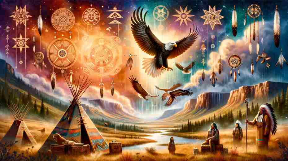 Eagle Feathers in Native American Mythology: An eagle soaring in the sky, symbolizing messengers of the divine,