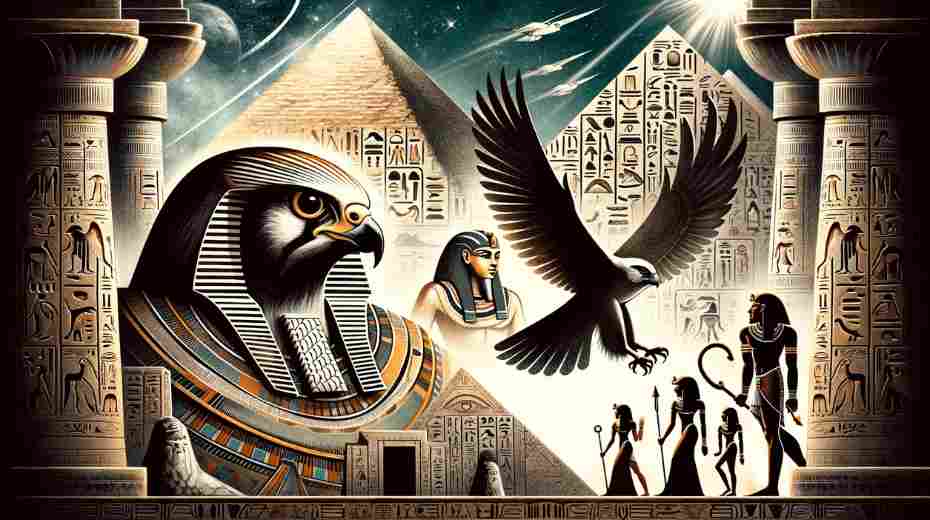 Falcon Feathers in Egyptian Mythology: A depiction of ancient Egyptian culture with a prominent falcon symbol, reflecting the significance of falcon feathers in their mythology. 