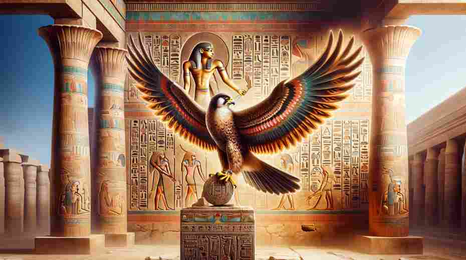 Historical Context: The Timeless Allure of Falcon Feathers: An ancient Egyptian scene featuring a falcon with its feathers symbolizing divine protection and insight, associated with the god Horus. 