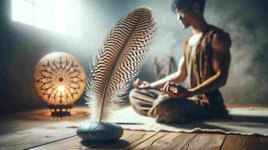 A calm and introspective image depicting a meditation session with a focus on a falcon feather. The scene features an individual, of East Asian descent, sitting in a peaceful meditation pose.