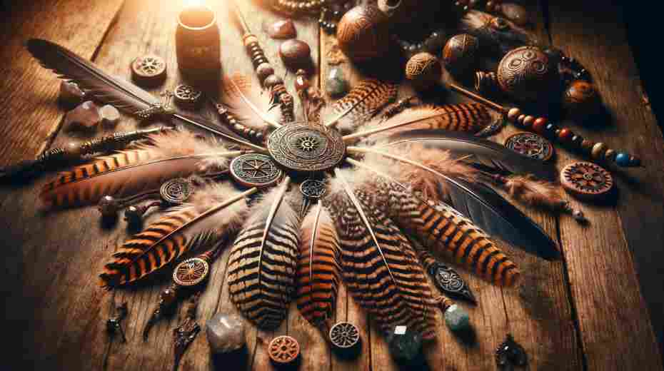 A mystical and serene image showing a collection of talismans and amulets, prominently featuring falcon feathers.