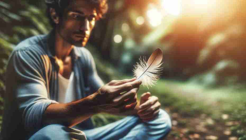 Finding Meaning in Pigeon Feathers:  a person holding or examining a pigeon feather, representing personal reflection and interpretation. 