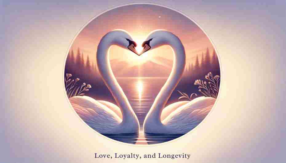 A romantic illustration of two swans forming a heart shape with their necks at twilight.