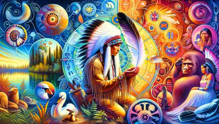 A vibrant portrayal of a Native American scene with a shaman holding a swan feather, surrounded by symbols of nature and spirituality.