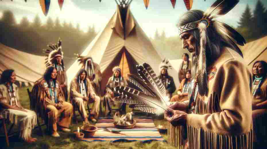 Spiritual Practices Involving Falcon Feathers: Portrays a tranquil smudging ceremony, with a person of Native American descent using a falcon feather to waft smoke from burning sage.