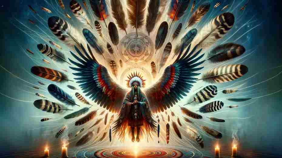 The Spiritual Significance of Eagle Feathers: An artistic representation of a shaman in a ceremonial setting, surrounded by eagle feathers, emphasizing the spiritual and healing significance in shamanic traditions.