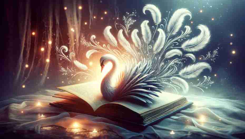 Artistic illustration of an open book with pages transforming into swan feathers.