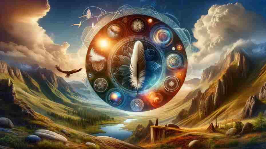 The Timeless Significance of Eagle Feathers: An image vividly showcasing an eagle feather as the central theme, surrounded by elements symbolizing spiritual wisdom, cultural heritage, and human resilience. 