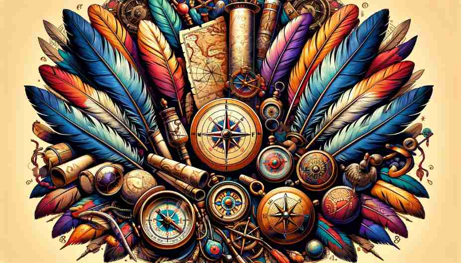A visual representation of ancient European folklore with turkey feathers, featuring symbols like old maps, compasses, shields, and amulets.
