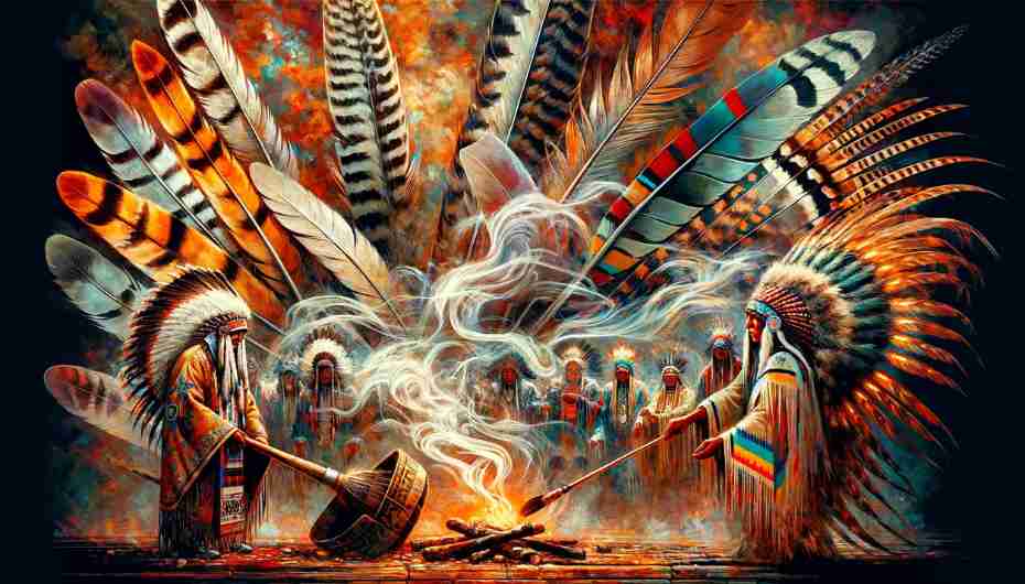 An artistic depiction of Native American ceremonies with turkey feathers, including a smudging ceremony, traditional dance, and feathered regalia.