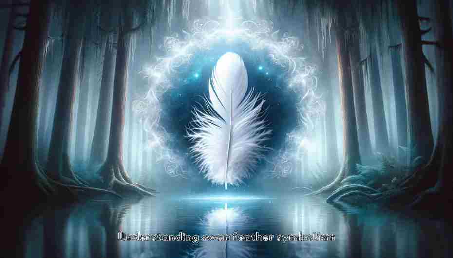 An ethereal and poetic image of a swan's feather transforming into pure, white light, set against a backdrop of a mystical forest.