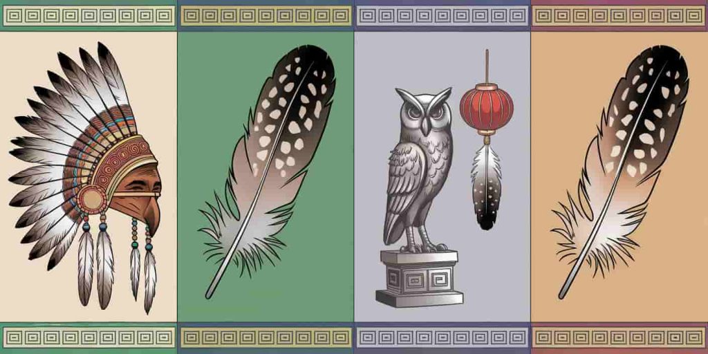 Four-quadrant image showing Native American, Celtic, Greek, and Eastern cultural interpretations of owl feathers with relevant symbols and artifacts.