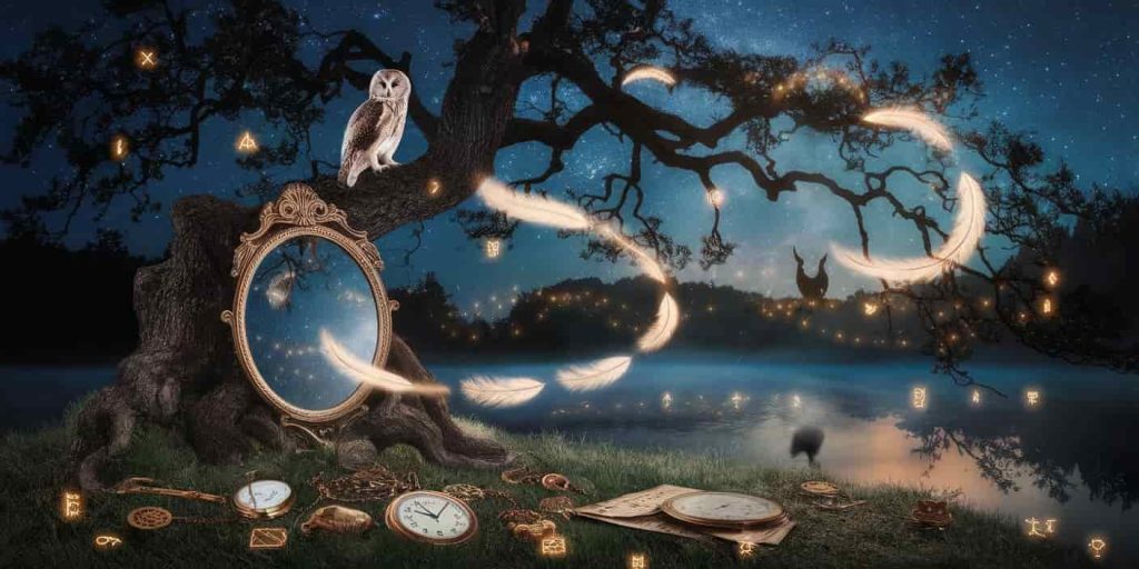 Mystical night scene with an ancient oak tree with an owl. surrounded by glowing owl feathers, floating timepieces and navigational tools, with a reflective mirror at its base and a distant owl silhouette, set against a starry sky and misty lake.