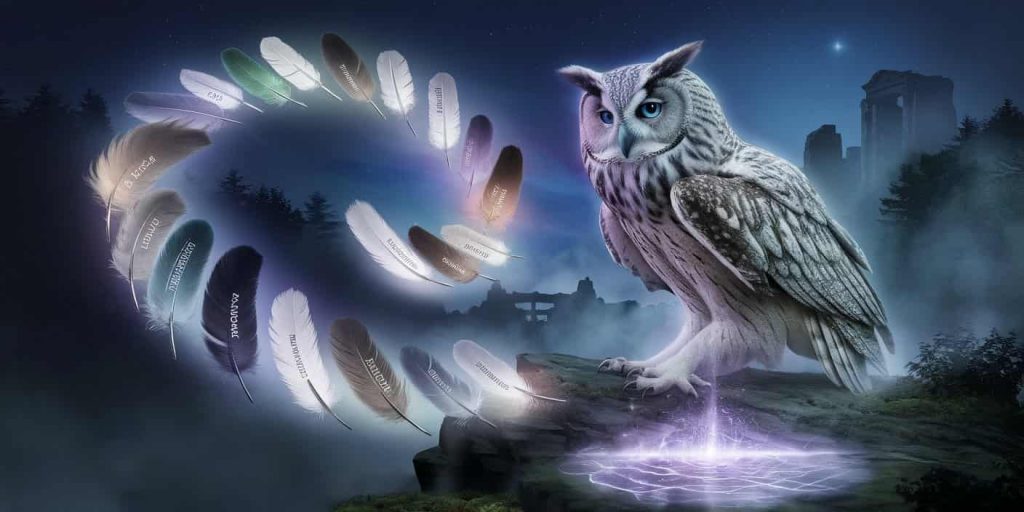 Ethereal starlight owl with feather eyes, surrounded by a spiral of glowing owl feathers, overlooking a mystical forest with ancient ruins and a reflective pool showing spiritual growth scenes.