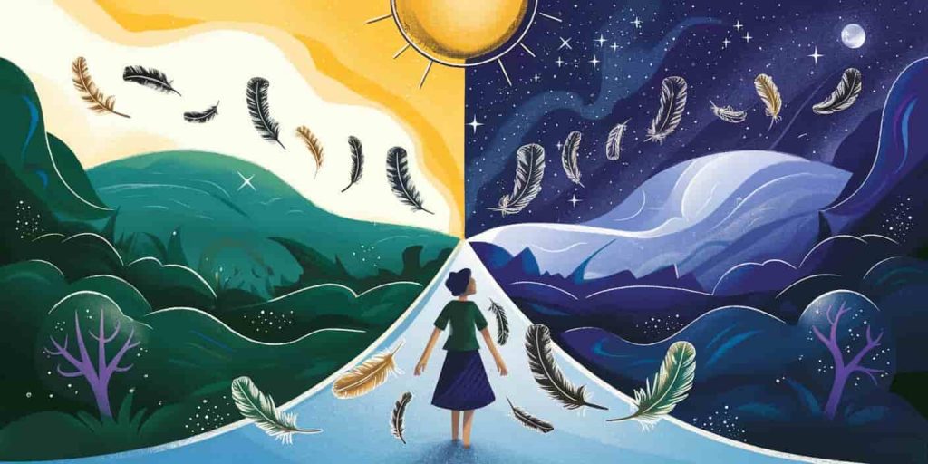 Person at a mystical crossroads with floating owl feathers, choosing between sunlit and starry paths, surrounded by symbols of transformation and self-discovery.