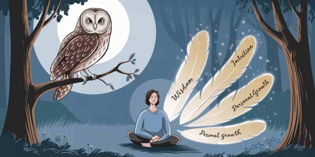Moonlit forest clearing with a wise owl overlooking a person surrounded by glowing owl feathers, with ethereal symbols of wisdom and growth emerging.
Title: Spiritual Wisdom from Owl Feathers