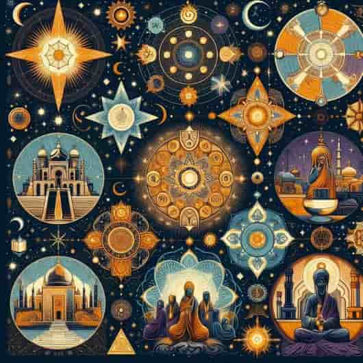 An illustration showcasing the importance of stars in different spiritual and cultural traditions, such as ancient civilizations, Abrahamic religions, and Eastern spiritual practices.