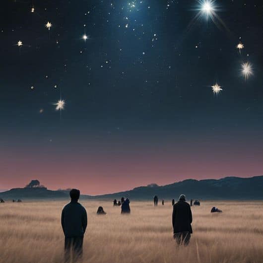 A visual representation of how stars are perceived as sources of spiritual guidance and divine messages, with people engaging in stargazing meditation and intention-setting under the starry sky.