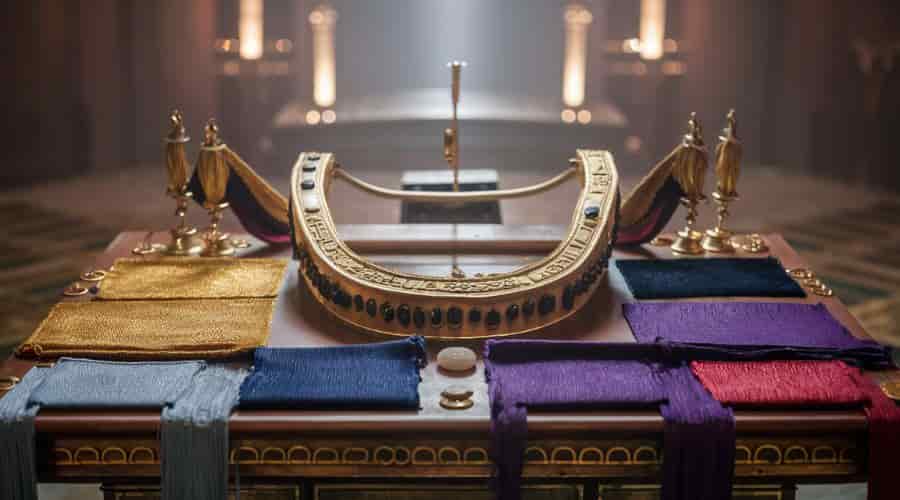 Table showing ephod materials gold, blue, purple, scarlet, onyx and meanings
