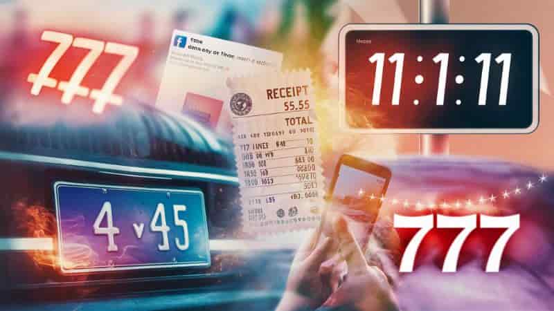 How to recognize angel numbers in daily life with examples like 11:11 on a clock, 444 on a license plate, and 777 likes on social media