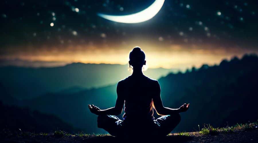 Person meditating under an upside down crescent moon