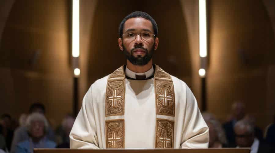 Modern worship service pastor wearing stole representing ephod significance