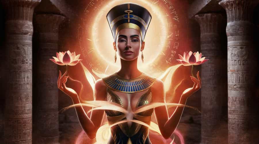 Illustration of Nefertiti as a fertility goddess with divine feminine symbolism