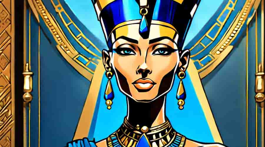 Portrait of Queen Nefertiti with iconic crown and jewelry