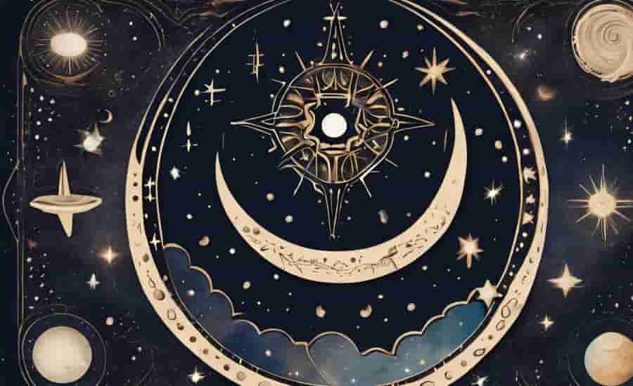 Artistic upside down crescent moon with spiritual symbols