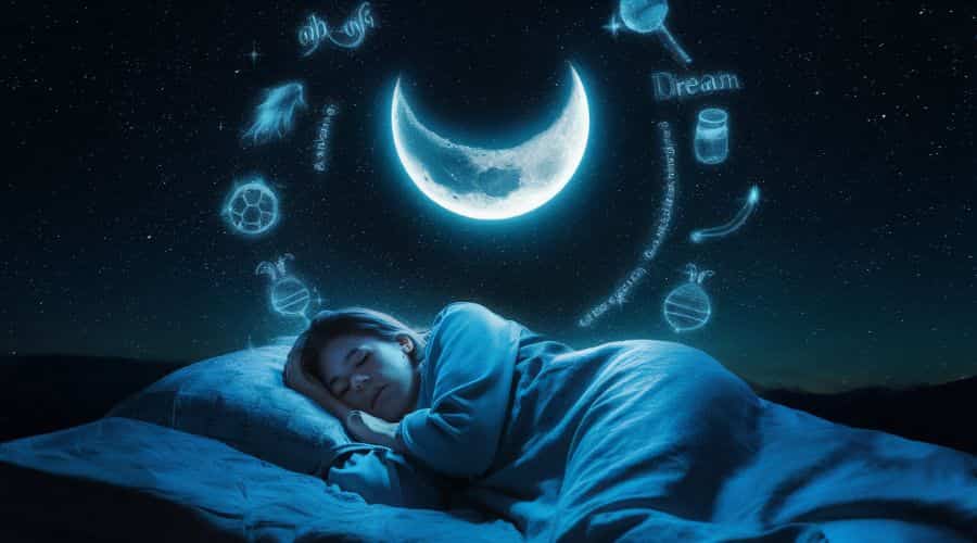 Person dreaming under an upside down crescent moon with mystical symbols