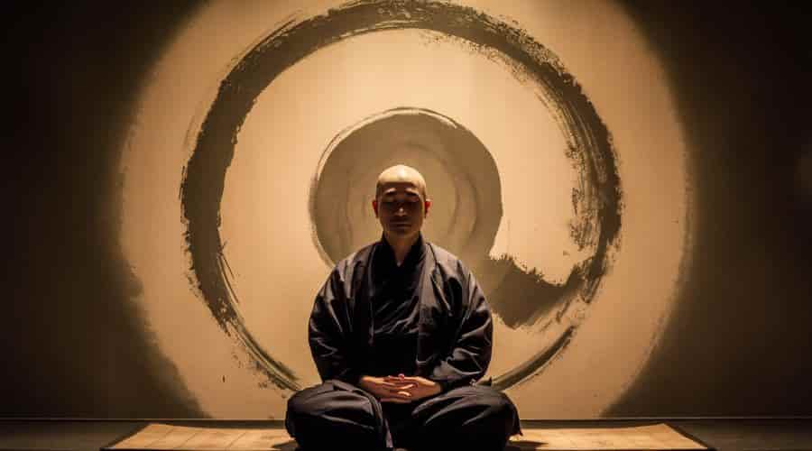 A Zen Buddhist monk meditating in front of an enso circle, representing enlightenment.