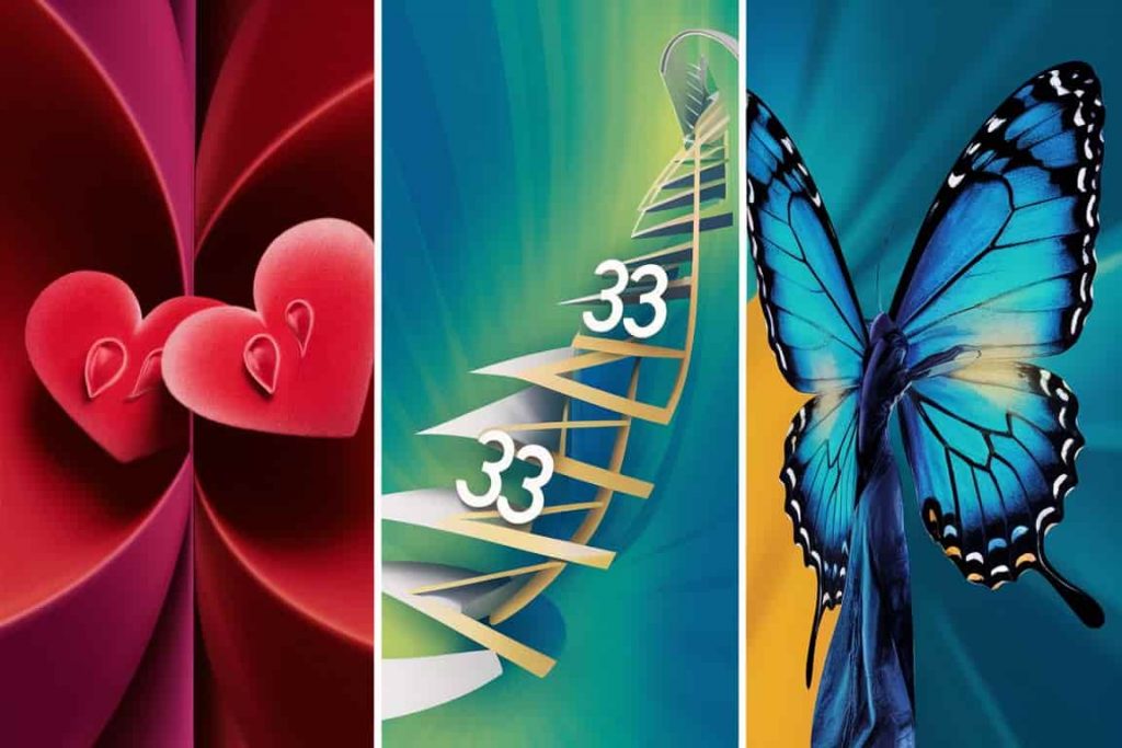 Triptych showing angel number 33's influence on love, career, and personal growth