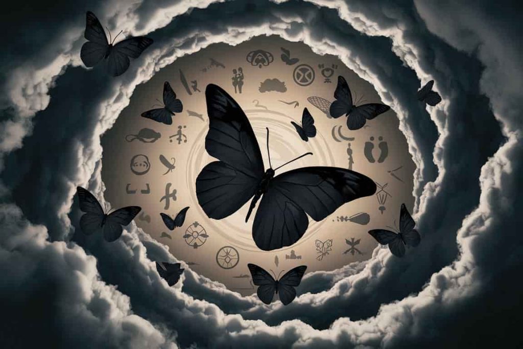 Dreamscape with multiple black butterflies emerging from clouds and starlight, surrounded by various cultural symbols