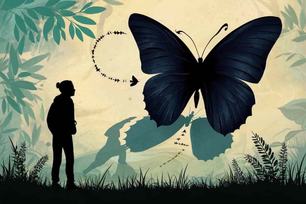 Silhouette of a person observing a large black butterfly in nature, with symbolic shadows suggesting transformation