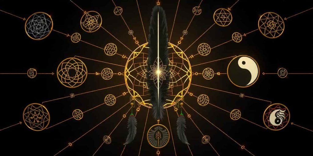 Black feather surrounded by diverse spiritual symbols, representing its significance across different cultures.