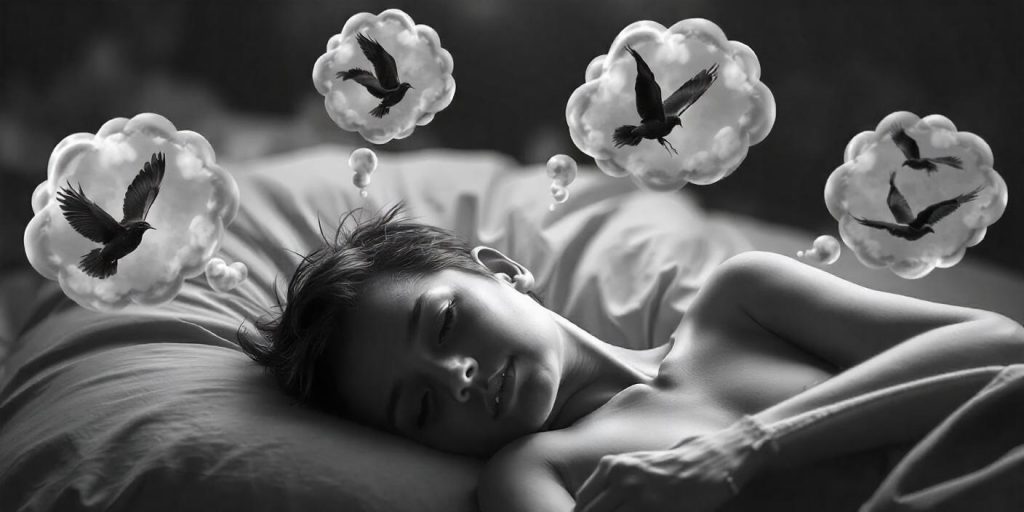 Person dreaming of various scenes involving black feathers, illustrating their significance in dream interpretation.