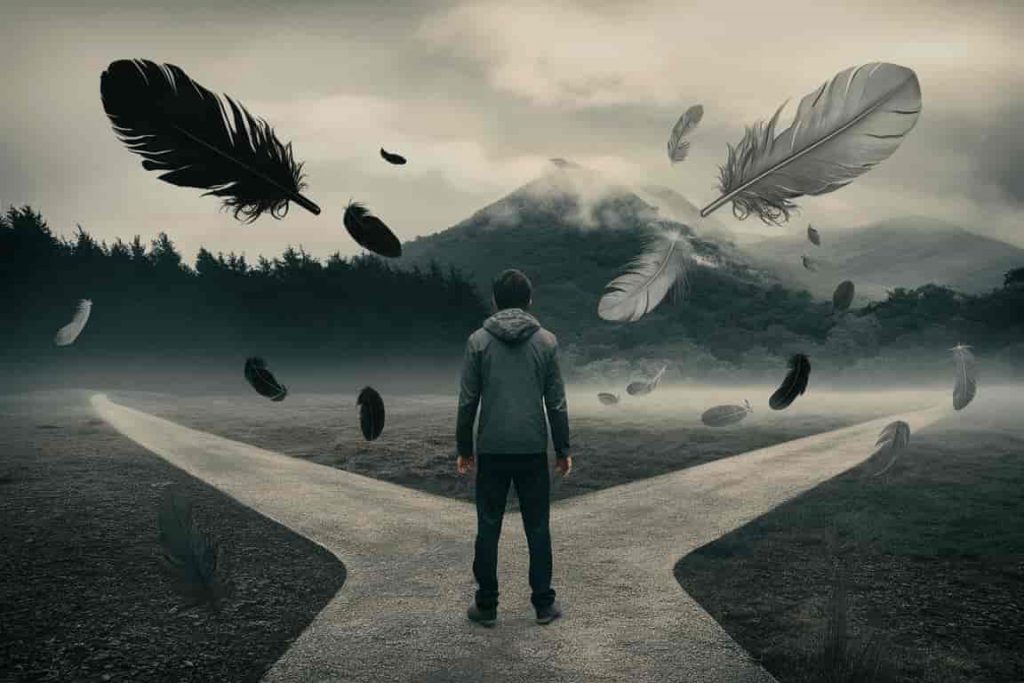 A person at a crossroads surrounded by black and grey feathers, symbolizing personal transformation and life choices