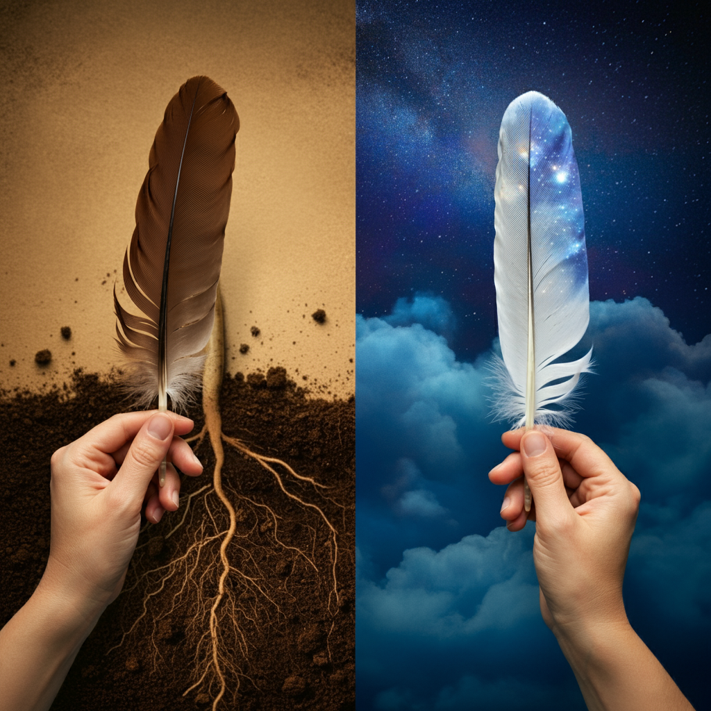 Split image showing a hand holding a brown feather against soil and roots, and a white feather against clouds and stars, illustrating the balance between earthly and spiritual aspects of brown and white feather meanings