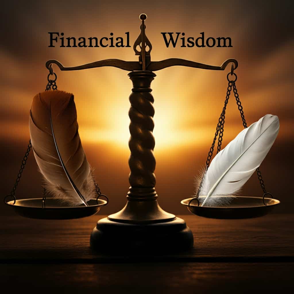 Balance scale with brown feathers on one side and white feathers on the other against a sunrise background, illustrating the financial wisdom aspect of brown and white feather meanings