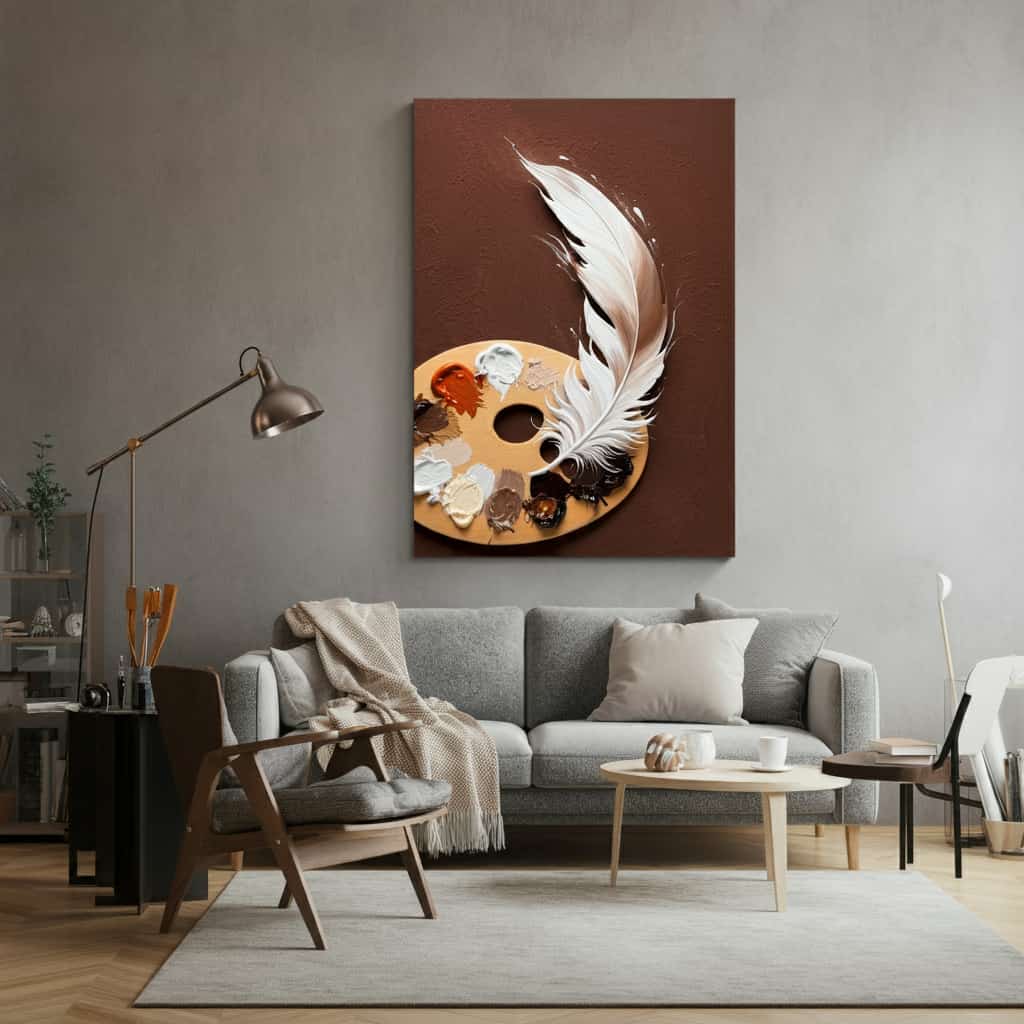 Artist's palette with brown and white paint, paintbrush creating a feather stroke, set against a modern living room background, illustrating the use of brown and white feather motifs in interior design