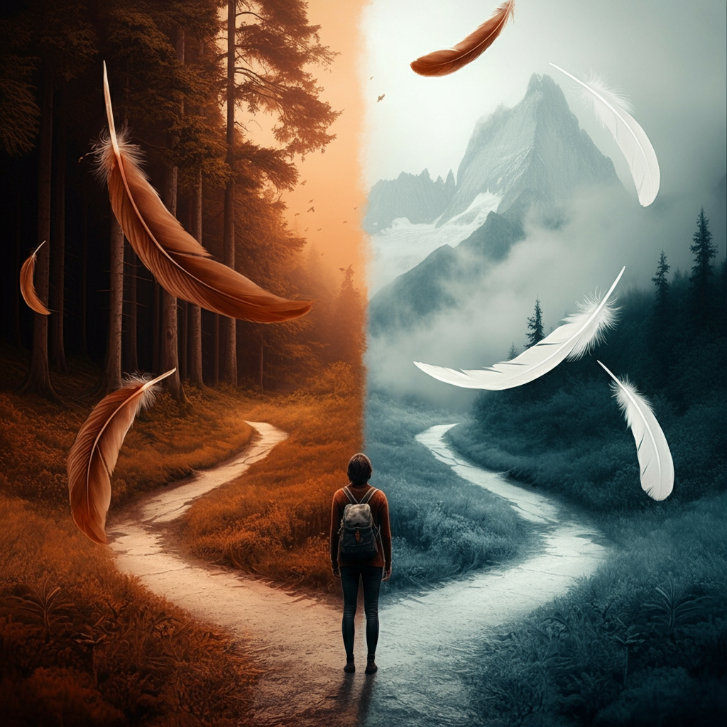 Person at a crossroads with paths leading to a forest and mountain peak, surrounded by floating brown and white feathers, symbolizing guidance in life's journey through feather meanings